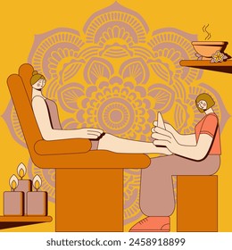 Techniques for giving feet massage by professional therapist in spa. Design concept. Isolated flat vector illustration.