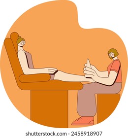 Techniques for giving feet massage by professional therapist in spa. Design concept. Isolated flat vector illustration.