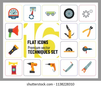 Techniques icons set with woodsawing machine, electric drill and hand saw. Thirteen vector icons