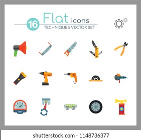Techniques icons set with woodsawing machine, electric drill and hand saw. Thirteen vector icons