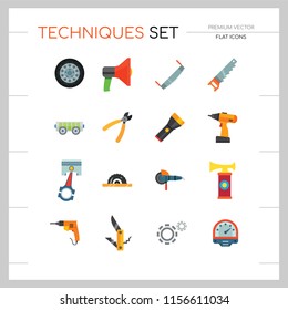 Techniques icons set with woodsawing machine, electric drill and hand saw. Thirteen vector icons