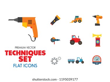 Techniques icons set with woodsawing machine, electric drill and hand saw. Thirteen vector icons