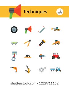 Techniques icons set with woodsawing machine, electric drill and hand saw. Thirteen vector icons