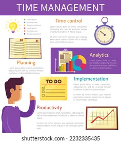 Techniques and methods for time management, increase efficiency of its use concept. Efficient use of worktime for implementation of business plan, productivity. Self-organization and self-management