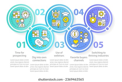 Técnicas de la plantilla de infografía de círculo de prospección de ventas. Gestión. Visualización de datos con 5 pasos. Gráfico de información de línea de tiempo editable. Diseño de flujo de trabajo con iconos de línea. Se usa una infinidad de tipos de letra Pro-Regular