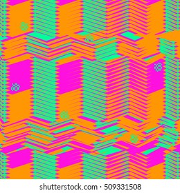 Techno abstract background. Glitch art style. Digital rectangular shapes geometric pattern. Stylized signal error. Flow of bright random squares strips. Vector element for design concept, poster, web