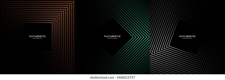 Conjunto de fondo abstracto tecno con decoración de líneas brillantes en espacio oscuro. Paquete cuadrado colorido. Concepto moderno del estilo de las rayas negras del elemento de Diseño gráfico para el Web, el volante, la tarjeta o la cubierta del folleto