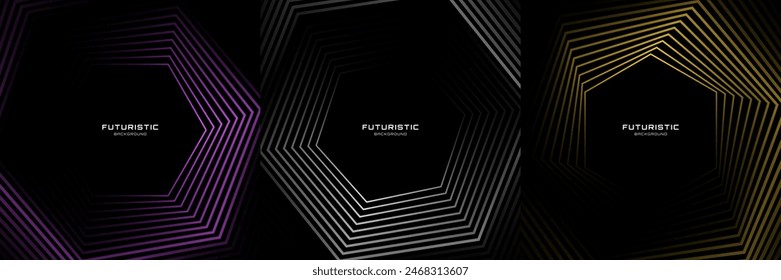 Techno abstract background set with glowing lines decoration on dark space. Colorful hexagons bundle. Modern graphic design element black stripes style concept for web, flyer, card, or brochure cover