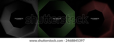 Techno abstract background set with glowing lines decoration on dark space. Colorful octagons bundle. Modern graphic design element black stripes style concept for web, flyer, card, or brochure cover