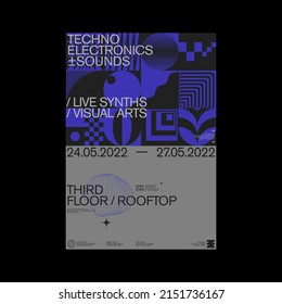 Techno Acid Music + Rave Culture Poster Design Layout With Brutalist Style Graphics And Helvetica Typography Aesthetics, Built With Minimalist Geometric Forms And Abstract Vector Shapes. 