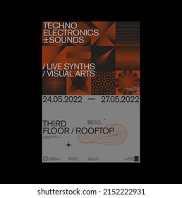 Techno acid music + Rave culture poster design layout with brutalist style graphics and Helvetica typography aesthetics, built with minimalist geometric forms and abstract vector shapes. 