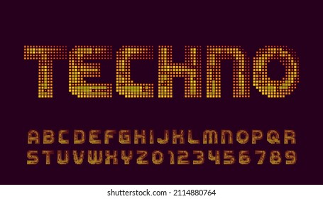 Techno alphabet font. Pixel letters and numbers. 80s arcade video game typescript.