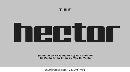 Techno alphabet, industrial robust sans serif letters, wide geometric modular font for square modern logo, emphasis headline, contemporary typography, modern typographic design. Vector typeset.