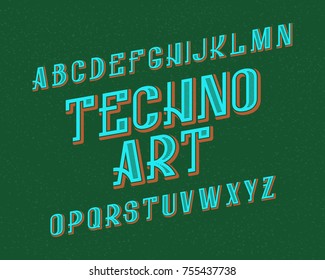 Techno Art typeface. Retro font. Isolated english alphabet.
