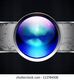 Techno background with glossy button. Metal banner with huge space for information.