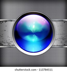 Techno background with glossy button. Metal banner with huge space for information.