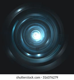 Techno background. Vector abstract dark elements for hi-tech design. Circular spiral tunnel with flashing lights. Light in the middle. Grey with blue.