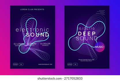 Banner Techno. Discoteca Set. Revista Pink Sound. Modelo do Festival de Festas. Convite Eletro. Panfleto Blue Fest. Ilustração de áudio Soundwave. Banner de Tecno Violeta