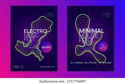 Techno Anuncio. Diseño del Violet Fest. Flyer de Danza Verde. Vector Trance. Gráfico del Festival de Sonido. Conjunto de Discoteca. Ilustración de audio psicodélico. Anuncio Techno azul