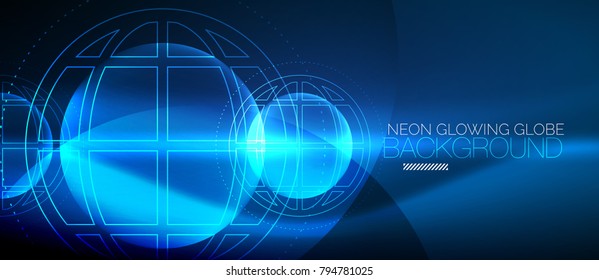 Techno blue globe concept, neon glow planet on dark abstract color background, light effects
