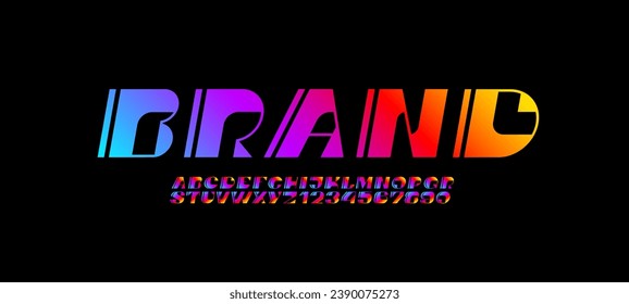Techno bright font, modern tilt alphabet, cyber italic letters and numbers, vector illustration 10EPS