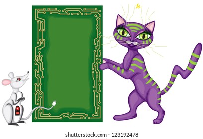 Techno cat and computer mouse hold greeting plate in the form of computer Board