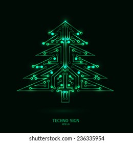 techno Christmas green tree  on black background eps10