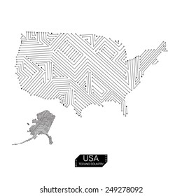 techno circuit board map of United States of America black on white background