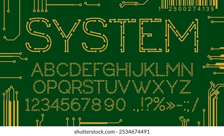 Techno-Schaltungsschriftart, Motherboard-Zeilentyp, digitale Computerschriftart, englische Buchstaben und Zahlen mit Vektormustern von Schaltungsplatine und Barcode. Schriftartensatz für technische Schaltung für abc-Zeichen