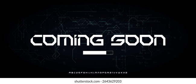 Techno Coming Soon Typography with Digital Loading Bar and Circuit Board Background, Ideal for Movie Intros, Forums, Fests, or Conference Promos. Futuristic Alphabet. Vector Illustration.