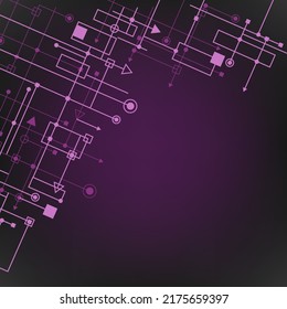 Techno conecta el fondo morado oscuro con puntos de color y líneas conectados. Plantilla de fondo de tecnología digital