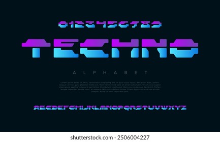 Fuente de alfabeto urbano geométrico moderno creativo Techno. Digital abstracto futurista, juego, techno, robot, música, logotipo, deporte, tipografía de tecnología mínima. Ilustración vectorial numérica simple