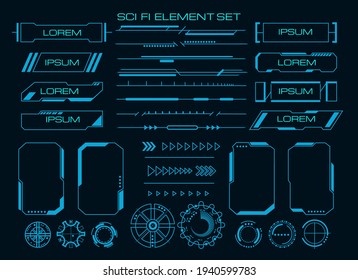 Techno cyber ux elements. Futuristic technology user interface element set, vector sci fi screen graphics, future tech monitor controls