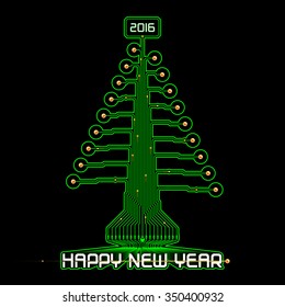 Techno design of a Christmas tree with New Year Greetings