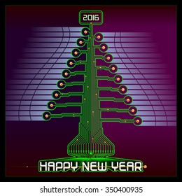 Techno design of a Christmas tree with New Year Greetings