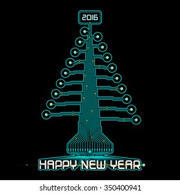 Techno design of a Christmas tree with New Year Greetings