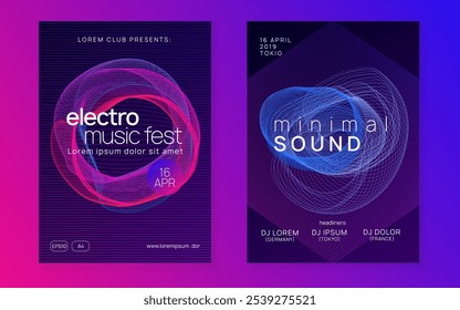 Techno Design. Elemento Eletro da Festa. Cartaz de música violeta. Capa do Festival. Convite de Disco Psicodélico. Fundo do som. Fest Set Rosa. Design de tecnologia azul