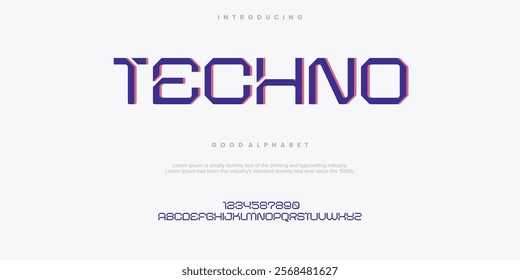 Techno Digital font, cyber alphabet made space future design, bright uppercase Latin letters vector illustration 