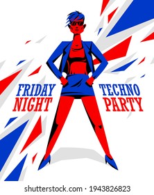 Afiche de Techno electro party con elegante ilustración genial de la chica vectorial, club de baile, festival.