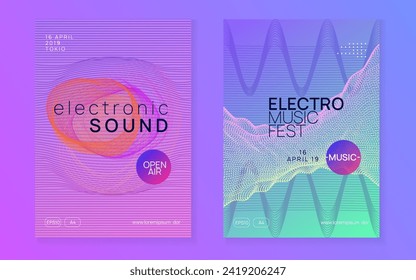 Techno event. Bright concert invitation set. Dynamic fluid shape and line. Neon techno event flyer. Electro dance music. Electronic sound. Trance fest poster. Club dj party.
