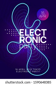 Techno event. Bright show banner design. Dynamic gradient shape and line. Neon techno event flyer. Electro dance music. Electronic sound. Trance fest poster. Club dj party.