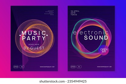 Techno event. Bright show banner set. Dynamic gradient shape and line. Neon techno event flyer. Electro dance music. Electronic sound. Trance fest poster. Club dj party.