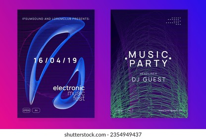 Techno event. Cool show magazine set. Dynamic fluid shape and line. Neon techno event flyer. Electro dance music. Electronic sound. Trance fest poster. Club dj party.