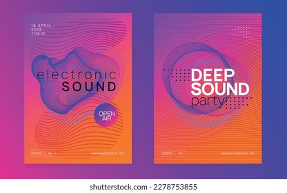 Techno event. Creative concert invitation set. Dynamic gradient shape and line. Neon techno event flyer. Electro dance music. Electronic sound. Trance fest poster. Club dj party.