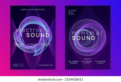 Techno event. Creative concert invitation set. Dynamic gradient shape and line. Neon techno event flyer. Electro dance music. Electronic sound. Trance fest poster. Club dj party.