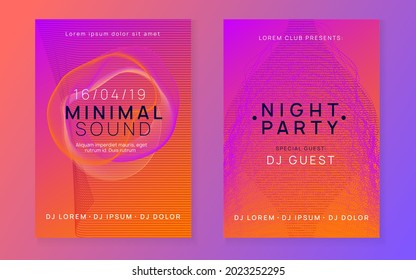 Techno event. Creative discotheque banner set. Dynamic fluid shape and line. Neon techno event flyer. Electro dance music. Electronic sound. Trance fest poster. Club dj party.