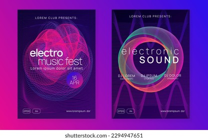 Techno event. Creative discotheque banner set. Dynamic fluid shape and line. Neon techno event flyer. Electro dance music. Electronic sound. Trance fest poster. Club dj party.