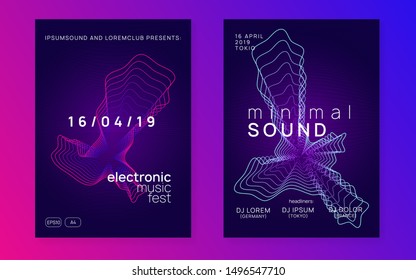 Techno event. Dynamic fluid shape and line. Geometric concert brochure set. Neon techno event flyer. Electro dance music. Electronic sound. Trance fest poster. Club dj party.