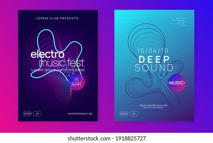 Techno event. Dynamic fluid shape and line. Wavy concert banner set. Neon techno event flyer. Electro dance music. Electronic sound. Trance fest poster. Club dj party.