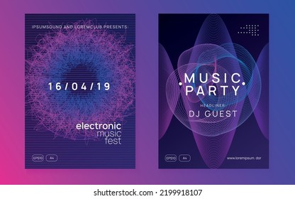 Techno event. Dynamic fluid shape and line. Trendy concert invitation set. Neon techno event flyer. Electro dance music. Electronic sound. Trance fest poster. Club dj party.